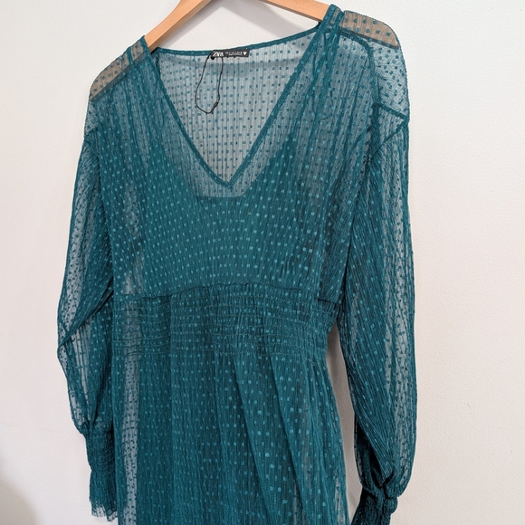 Zara Green Long Sleeve Dress Weddings Slip Sheer Midi Gorgeous Deep Green Small - Picture 12 of 16